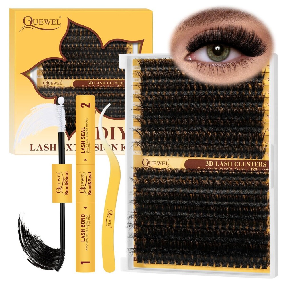 QUEWEL Lash Clusters Kit, 320Pcs 80D+100D 3D Lash Cluster Eyelash Extensions 12-18mm Volume Lash Clusters Kit with Lash Bond and Seal and Lash Tweezers Easy DIY at Home(80+100D 3D Kit)