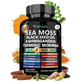 Adndale Sea Moss Black Seed Oil Ashwagandha Ginger Capsules. SeaMoss Capsules with Black Seed Oil, Ashwagandha, Turmeric, Moringa, Bladderwrack, Burdock Root, Manuka Honey, Cinnamon