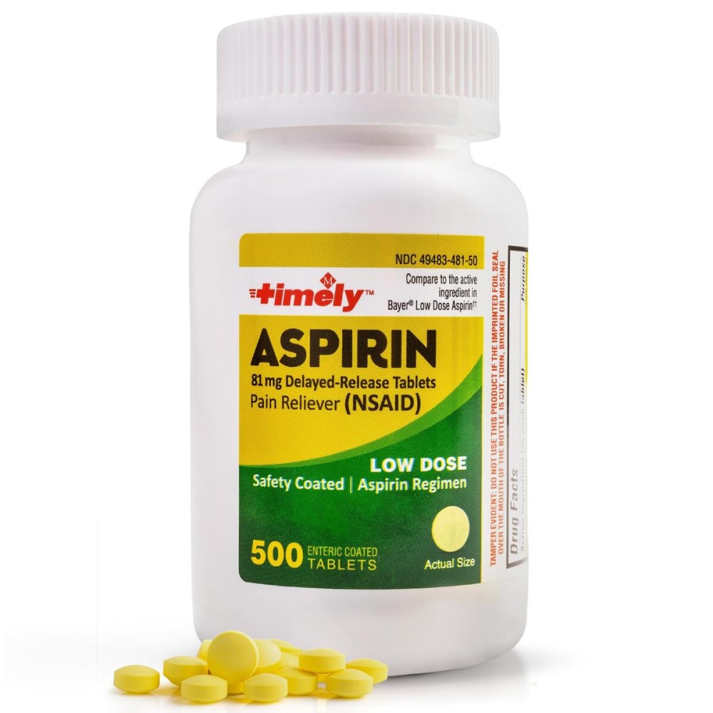 TIME-Cap Labs 500 Tablets Low Dose Aspirin 81mg Enteric Coated - NSAID Pain Reliever & Fever Reducer for Adults, Helps with Minor Aches, Headaches, Muscle Pain, Toothaches, and Joint Discomfort
