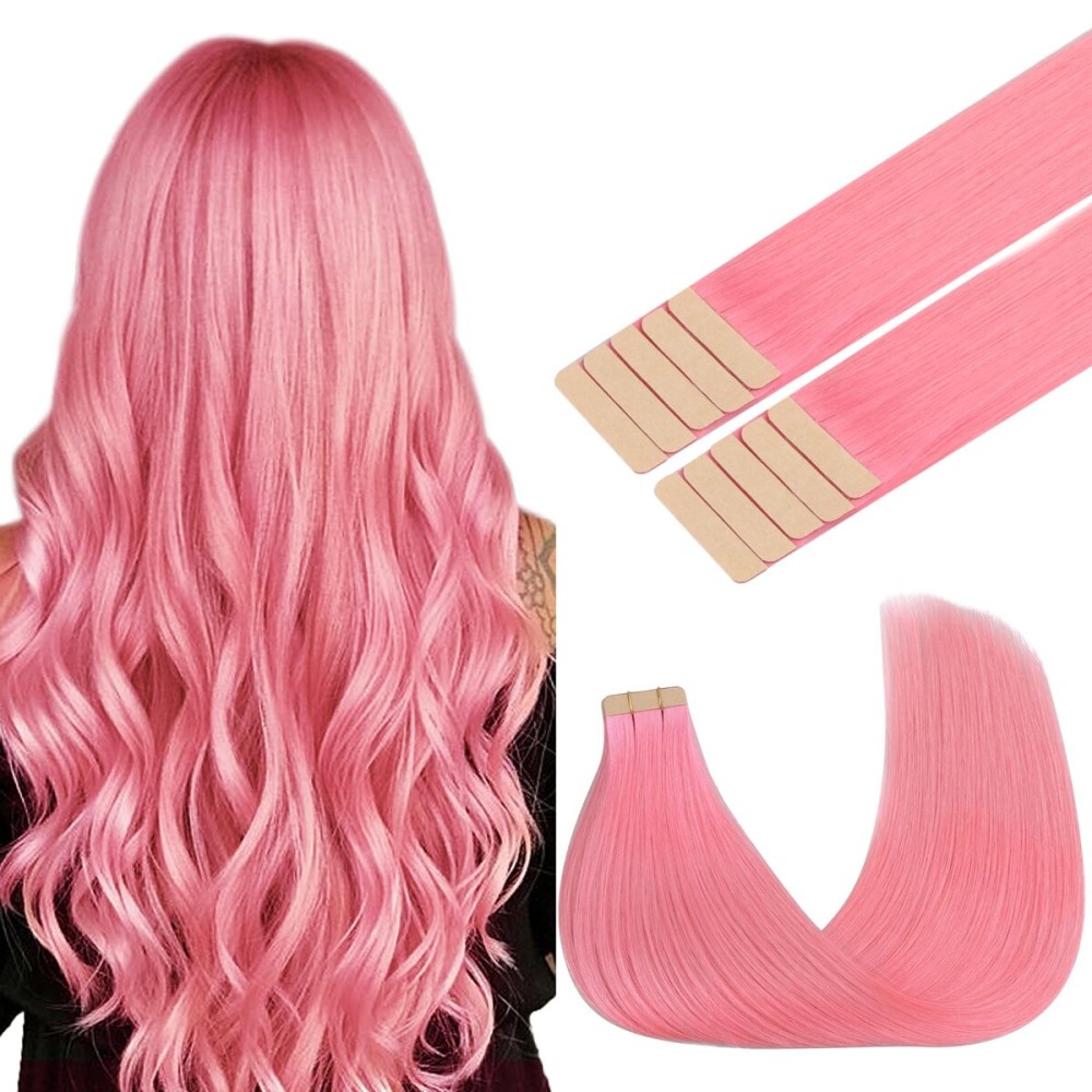 GOO GOO Tape in Hair Extensions Human Hair, Peach Pink, 16inch 25g 10pcs, Colored Tape ins Human Hair Extensions, Silky&Soft Invisible Tape Ins, Hair Highlighted for Party