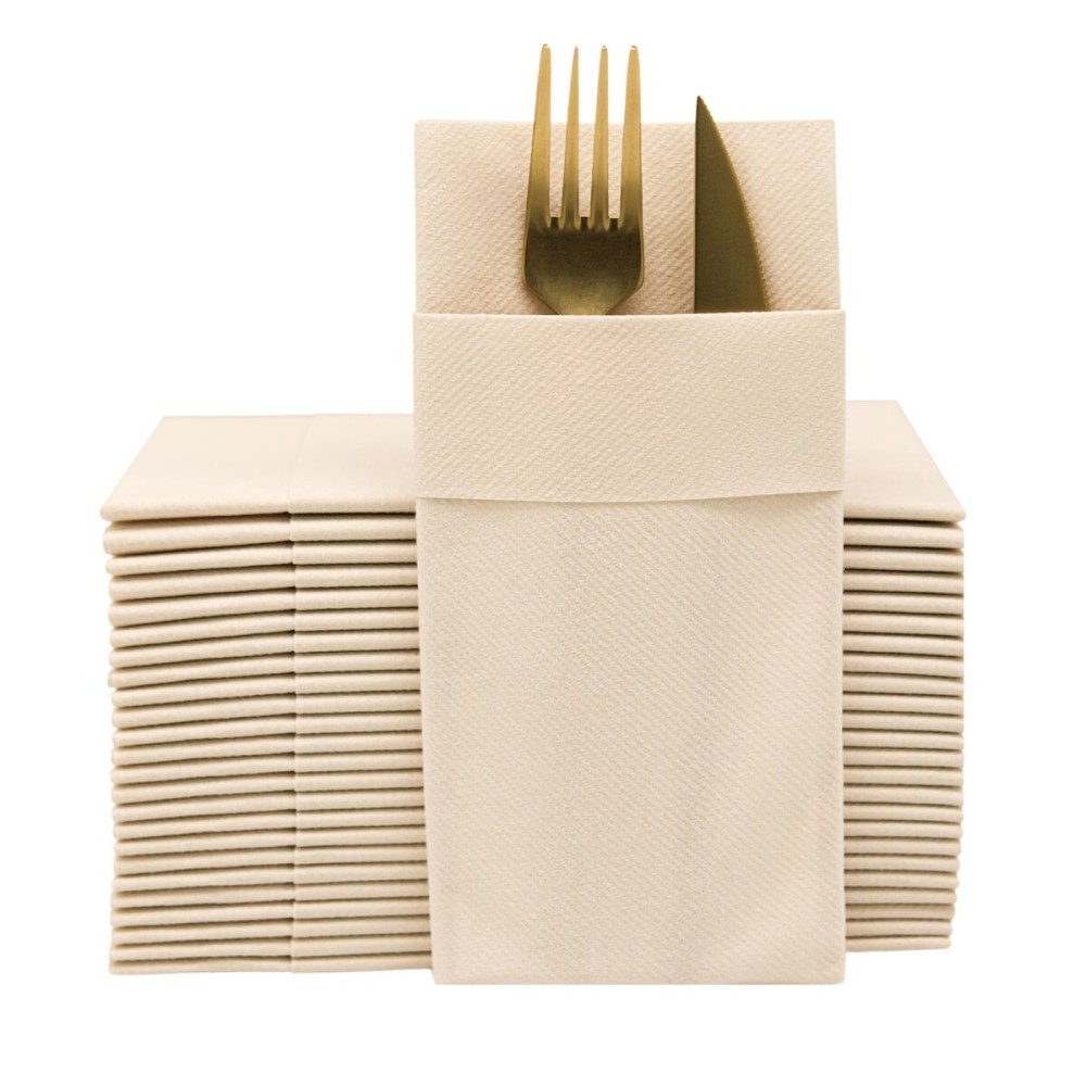 Beige Dinner Napkins Cloth Like with Built-in Flatware Pocket, Linen-Feel Absorbent Disposable Paper Hand Napkins for Kitchen, Bathroom, Parties, Weddings, Dinners or Events, 16x16 inches, Pack of 50