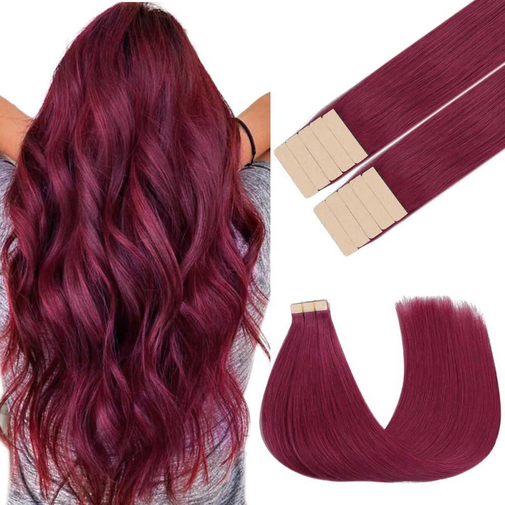 GOO GOO Tape in Hair Extensions Human Hair, Burgundy Red, 20inch 30g 10pcs, Colored Tape ins Human Hair Extensions, Silky&Soft Invisible Tape Ins, Hair Highlighted for Party