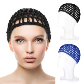 WLLHYF Net Shower Cap 2 PCS Drying Curly Hair Care Spa Hat Wrap Cover Stretchy Knit Nets Hairnet Mesh Crochet Sleep Back Bathing Sleeping Bonnet(black/blue)