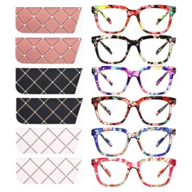 CHOFILORD 6 Pack Fashion Reading Glasses for Women Men Blue Light Blocking Oversized Square Readers with Spring Hinge (6 Pack Colorful C, 2.00, x)