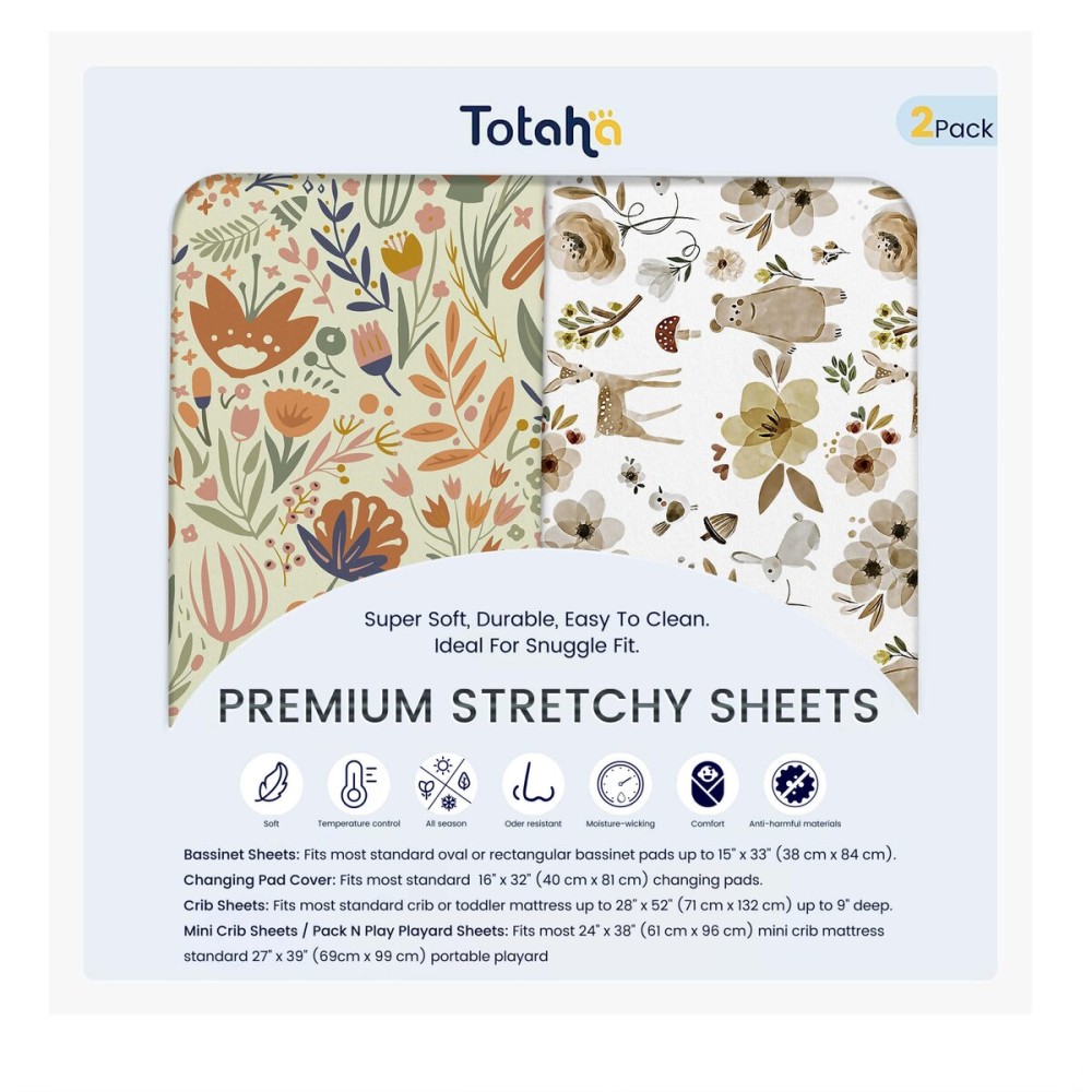 TotAha Premium Soft Pack n Play Sheets, Super Stretchy Jersey Knit Mini Crib Sheets Fitted, Silky Comfort Pack and Play Sheets Fitted, 2 Pack (Botanical Garden & Cute Bear)