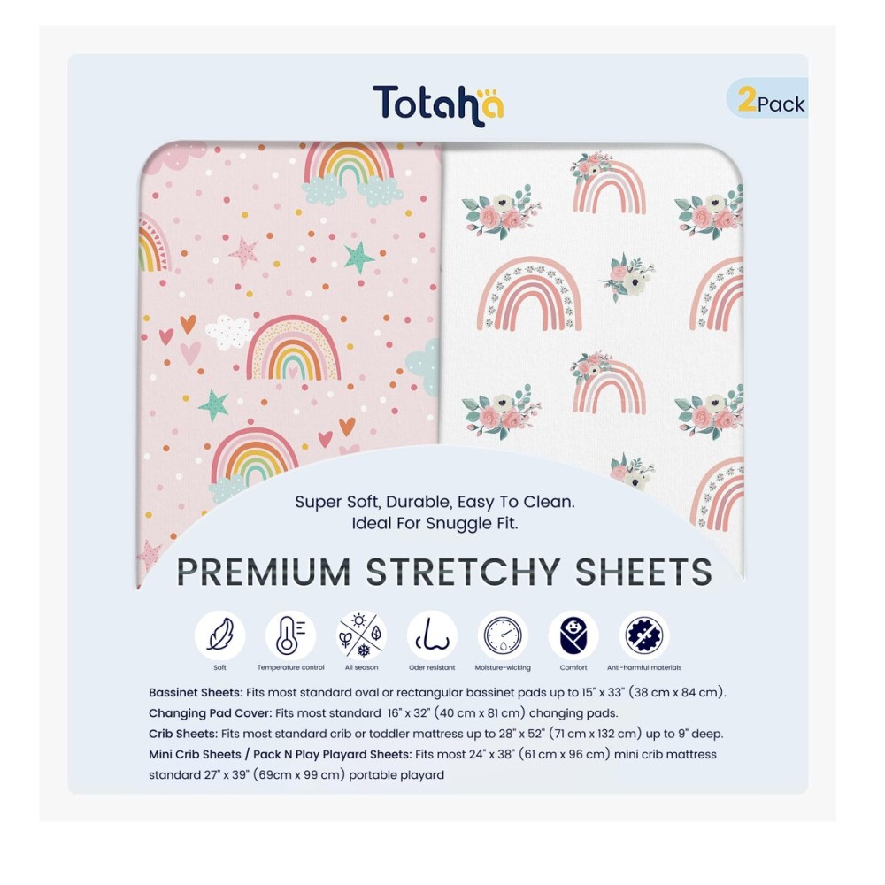 TotAha Pink Rainbow Crib Sheets Girl - Hypoallergenic, Silky Comfort, Buttery Soft, Calming Effect, All-Season Premium Stretchy Jersey-Knit Sheets, 9\'\' Extra Deep Pocket-2 Pack