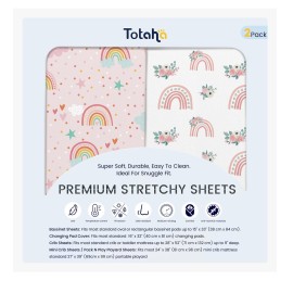 TotAha Pink Rainbow Crib Sheets Girl - Hypoallergenic, Silky Comfort, Buttery Soft, Calming Effect, All-Season Premium Stretchy Jersey-Knit Sheets, 9\'\' Extra Deep Pocket-2 Pack