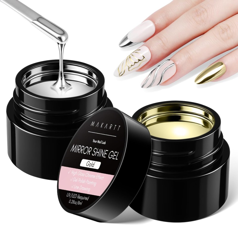 Makartt Chrome Gel Nail Polish Set: Metallic Gel Nail Polish, Silver and Gold 3D Metal Painting Gel for Nail Art Soak off UV/LED Glossy Mirror Effect Nail Glue Gel for Home Salon DIY Manicure2pcs