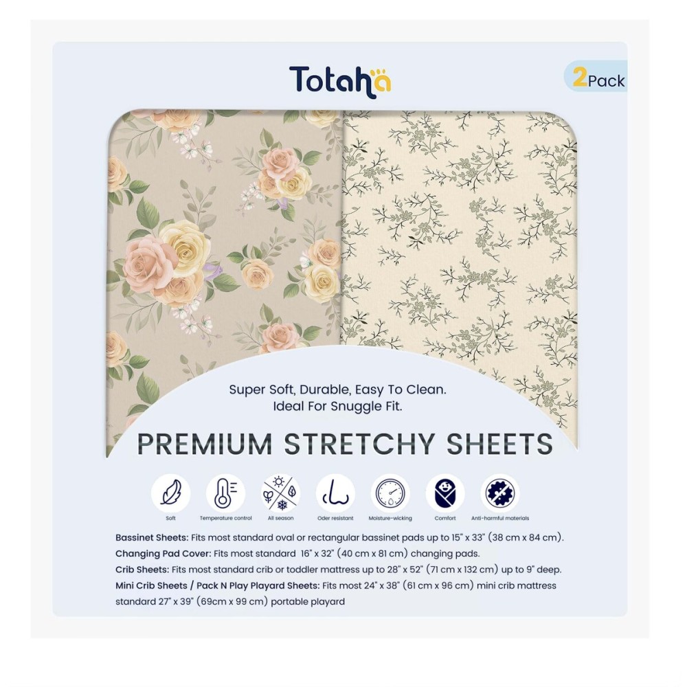 TotAha Premium Soft Pack n Play Sheets, Super Stretchy Jersey Knit Mini Crib Sheets Fitted, Silky Comfort Pack and Play Mattress Sheets, 2 Pack (Vintage Rose & Brunch)