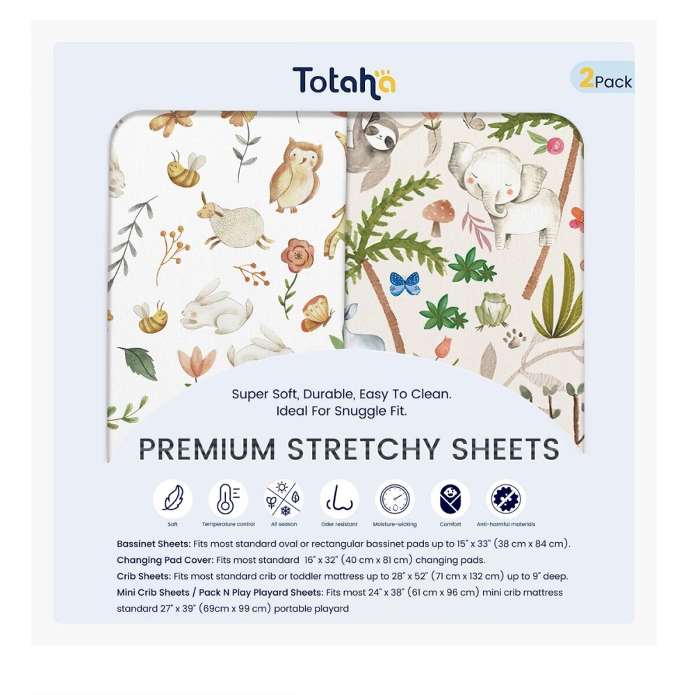 TotAha Premium Soft Graco Pack n Play Sheets Fitted, Super Stretchy Jersey Knit Mini Crib Sheets Fitted, Silky Comfort Pack and Play Mattress Sheets, 2 Pack (Happy Zoo & Jungle)