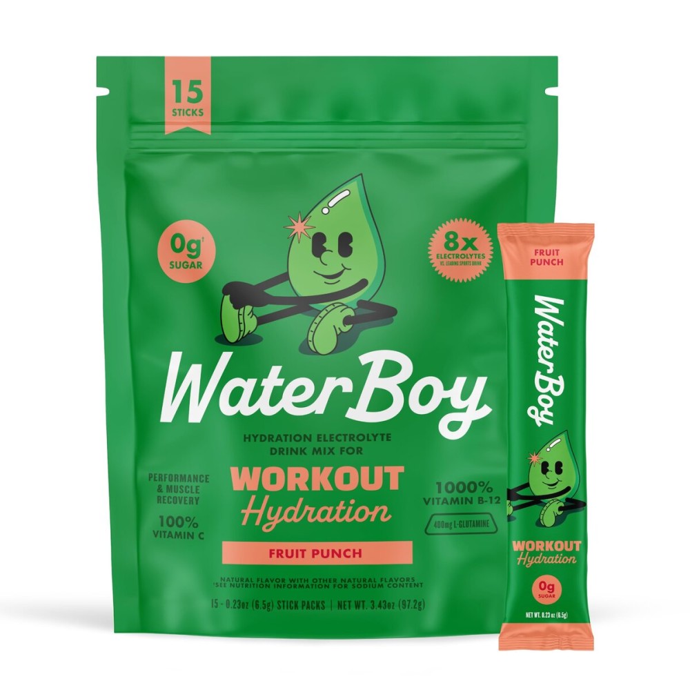 Waterboy Workout Hydration | 2,960mg Sugar Free Electrolyte Powder Packets | L-Glutamine + Vitamins | No Sugar, All Natural, Gluten Free | 15 Drink Stick Mixes (Fruit Punch)
