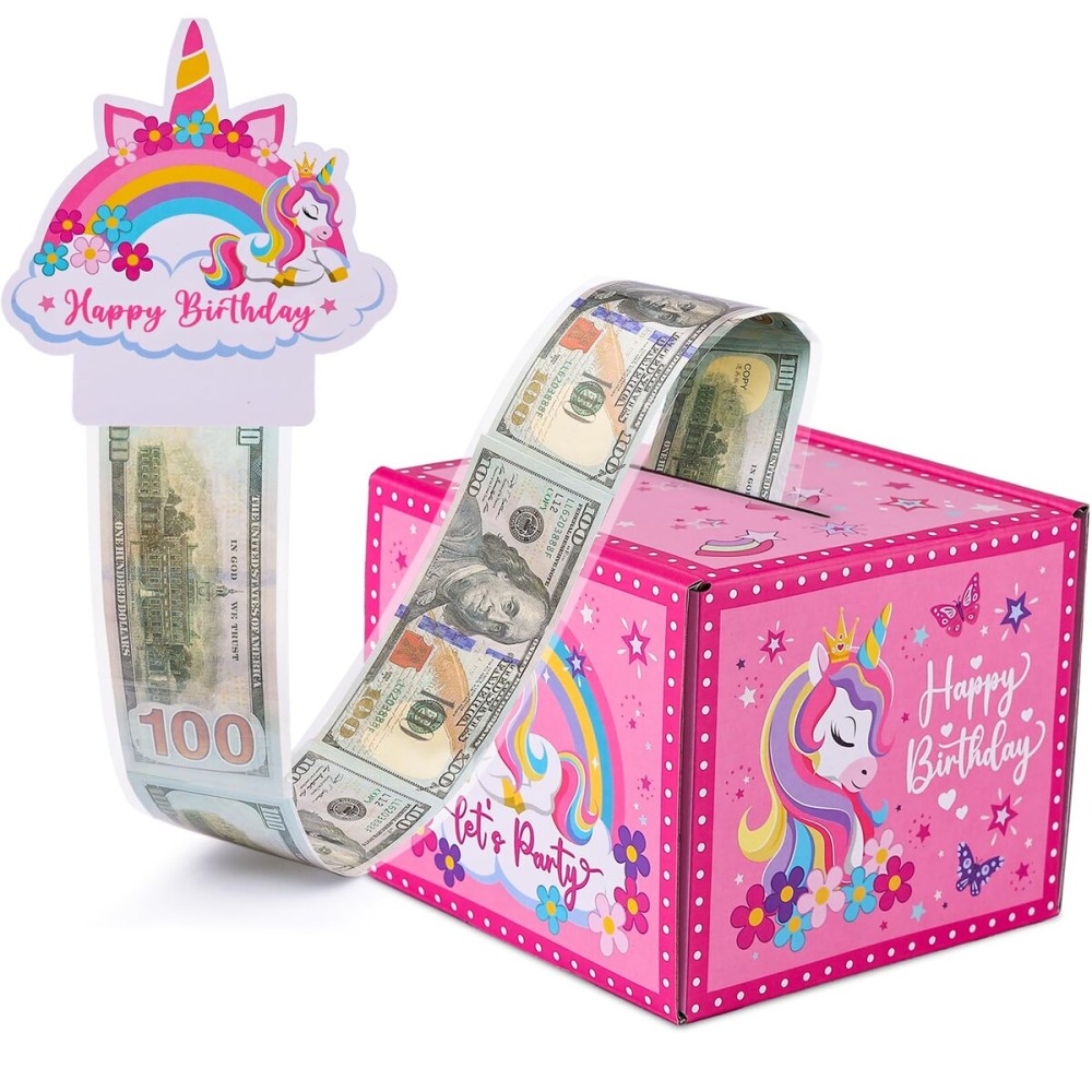 Meiidoshine Birthday Money Box for Cash Gift Pull, Pink Surprise Money Gift Boxes for Girls, Money Roll Box with 50Pcs Transparent Bags, A Fun and Loving Way to Gift Cash for Birthdays