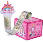 Meiidoshine Birthday Money Box for Cash Gift Pull, Pink Surprise Money Gift Boxes for Girls, Money Roll Box with 50Pcs Transparent Bags, A Fun and Loving Way to Gift Cash for Birthdays