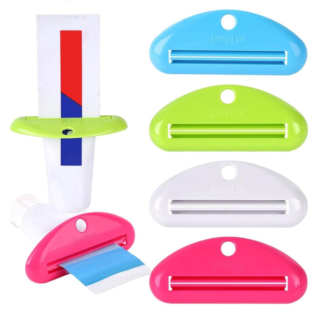LOVEINUSA Toothpaste Tube Squeezer Dispenser, 4PCS Hanging Tooth Paste Clips Roller Squeezer Holder for Saving Toothpaste Facial Cleanser Creams Paint, Multicolor
