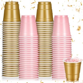 Roshtia 100 Pack 2 oz Christmas Plastic Shot Cups, Mini Disposable Shot Glasses 2 oz Party Cups for Wedding Christmas Winter Party, Beer Taste Serving, Snacks(Light Pink, Gold)