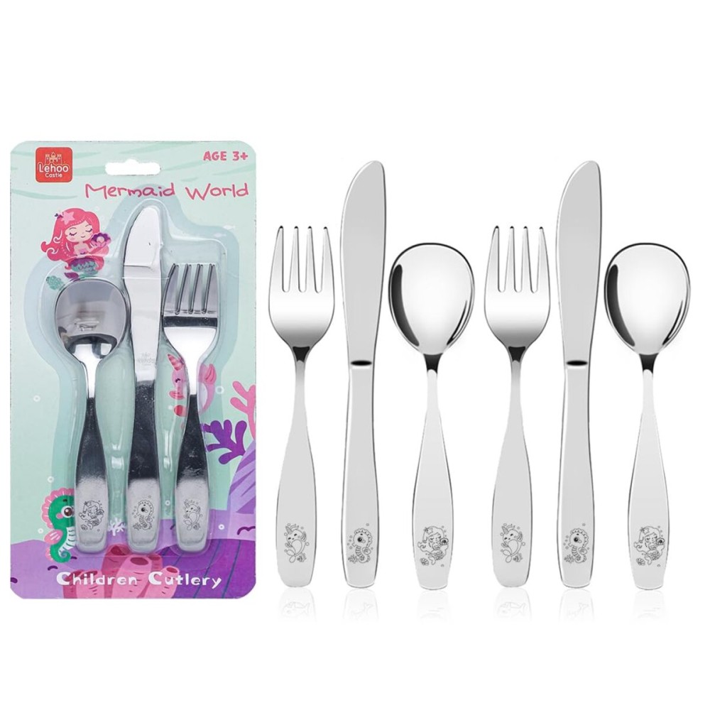 Lehoo Castle Toddler Silverware Stainless Steel, Kids Forks and Spoons, Kids Utensils 3 Year Old, Kids Silverware Set Stainless Steel, Metal Silverware for Toddlers (Mermaids)