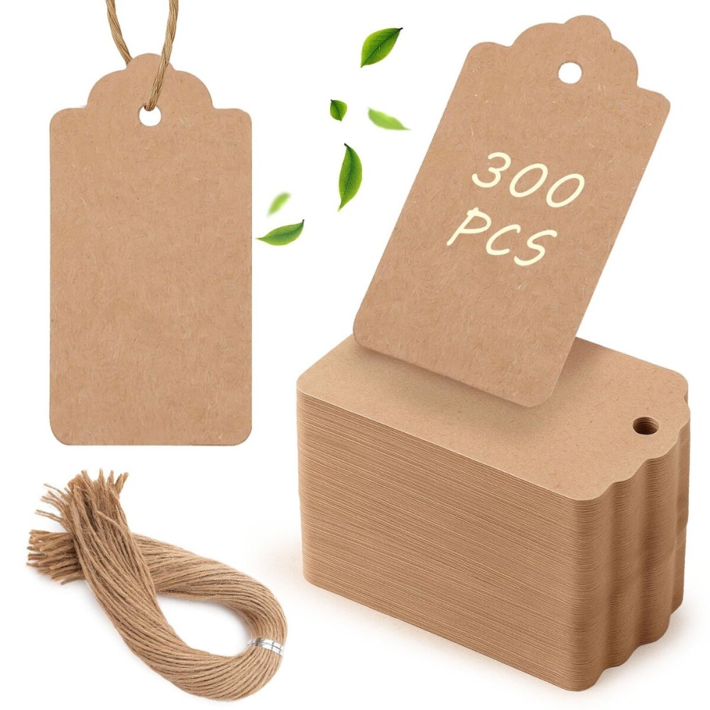 SallyFashion 300pcs Gift Tags with String Attached, 1.7 x 2.8 inch Kraft Paper Hang Tags for Clothes DIY Crafts Wedding Holiday (Brown)