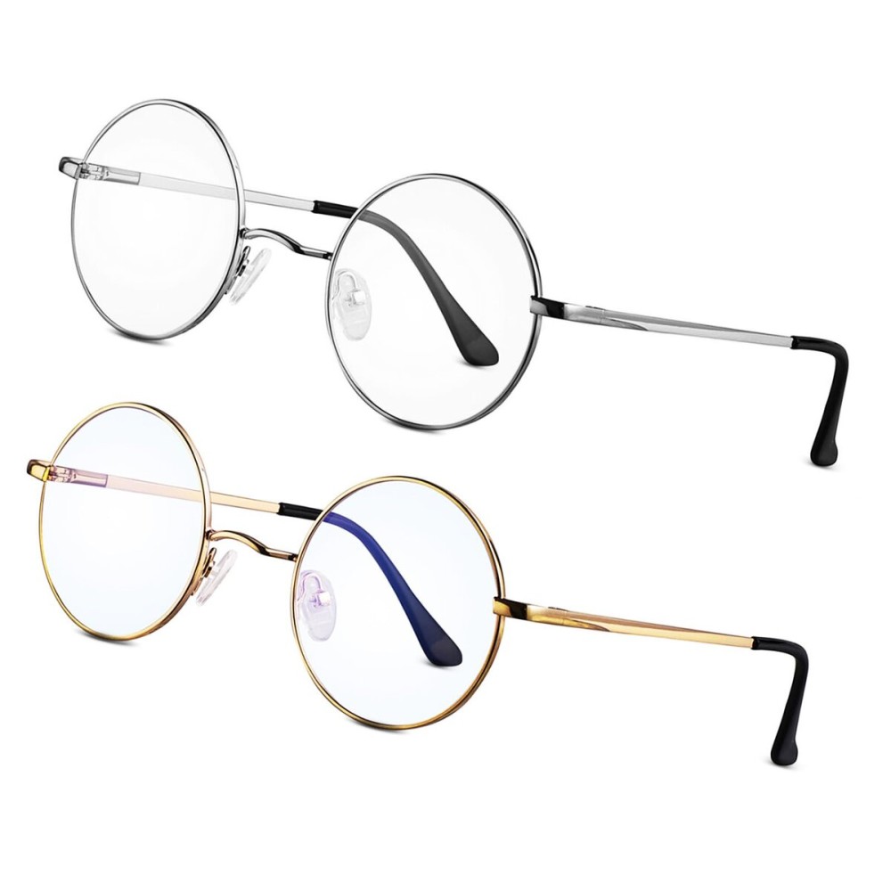 Brigtlaiff Blue Light Blocking Glasses for Men Women, Computer Gaming TV Glasses Anti Eyestrain with Round Metal Frame (Silver+Gold,Pack of 2)