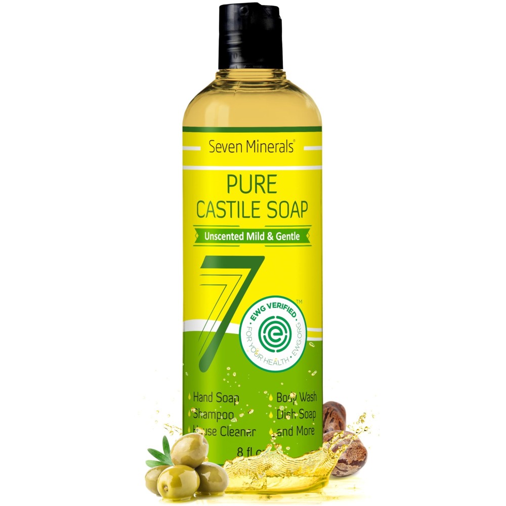 Pure Castile Soap - No Palm Oil, GMO-Free - Gentle Liquid Soap For Sensitive Skin & Baby Wash - All Natural Vegan Formula with Organic Carrier Oils (8 Fl Oz, An Unscented)