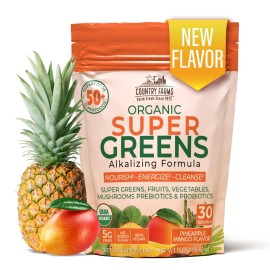 Country Farms Super Greens Pineapple-Mango Flavor, 50 Organic Super Foods, USDA Organic Drink Mix (Wheat Grass, Spirulina, Chlorella) Mushrooms & Probiotics, with Fiber, Natural Energy, 30 Servings