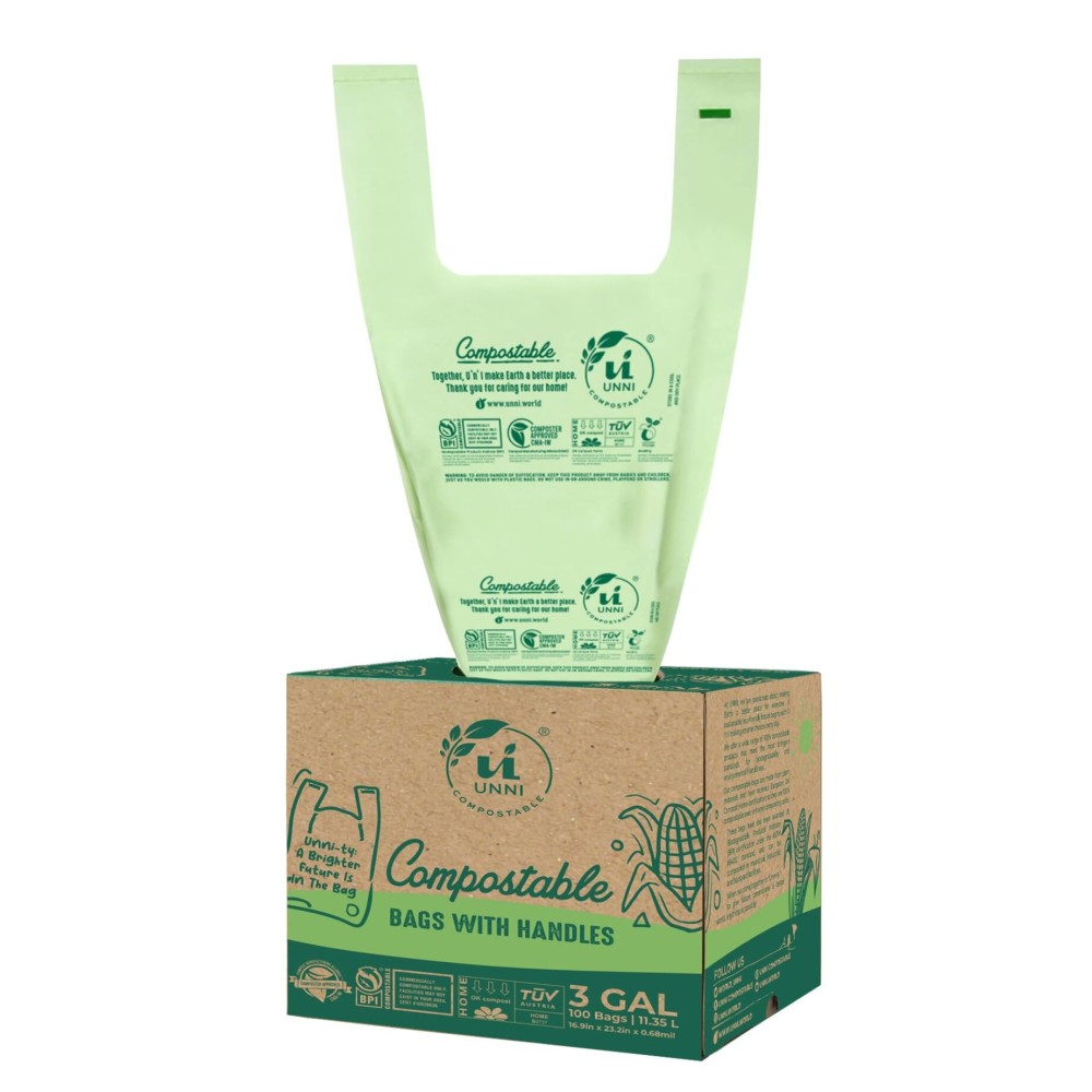 UNNI Compostable T-Shirt Bags with Tie Handles, 3 Gallon / 11.35 Liter, 200 Count Value Pack - 2 rolls  100, 0.68 mil Small Compost Bin Liners, Certified by BPI, CMA & OK compost HOME