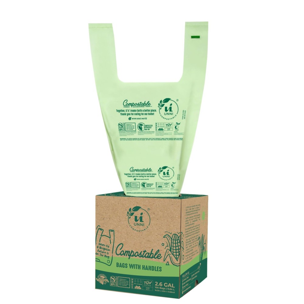 UNNI Compostable T-Shirt Bags with Tie Handles, 2.6 Gallon / 9.84 Liter, 200 Count Value Pack - 2 rolls  100, 0.68 mil Small Compost Bin Liners, Certified by BPI, CMA & OK compost HOME