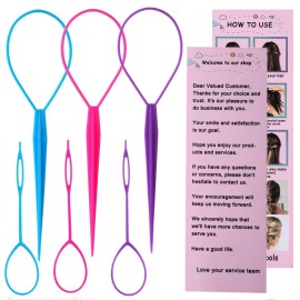 Aigee 6pcs Topsy Tail and Hair Loop Styling Tool Set - Ponytail Makers, French Braid Loops in Large and Small, Hair Pull Through Tools (Pink, Blue, Purple) for Women and Girls