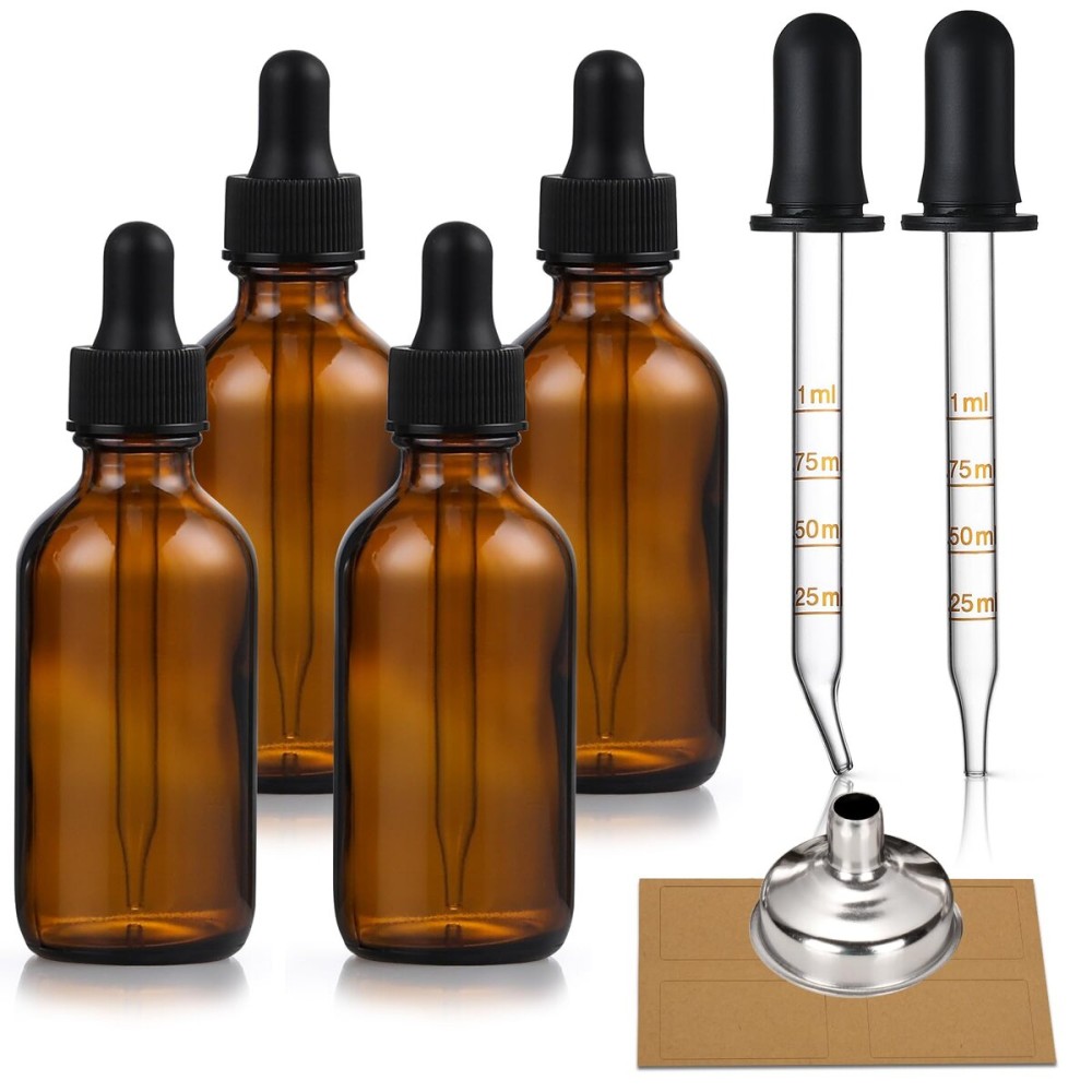 4 Pack, 1 oz Amber Glass Dropper Bottles Plus 2pcs Graduated Calibrated Glass Pipettes (1ml)- 30ml Dark Brown Tincture Bottles with Eye Droppers for Essential Oils, Liquids - Leakproof Travel Bottle