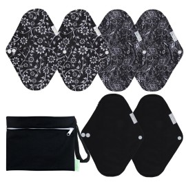 wegreeco Reusable Menstrual Pads - Reusable Sanitary Pads | Reusable Panty Liners | Soft Cloth Menstrual Pads - 6 Pack with 1 Cloth Wet Bag (X-Large, Black Flowers)