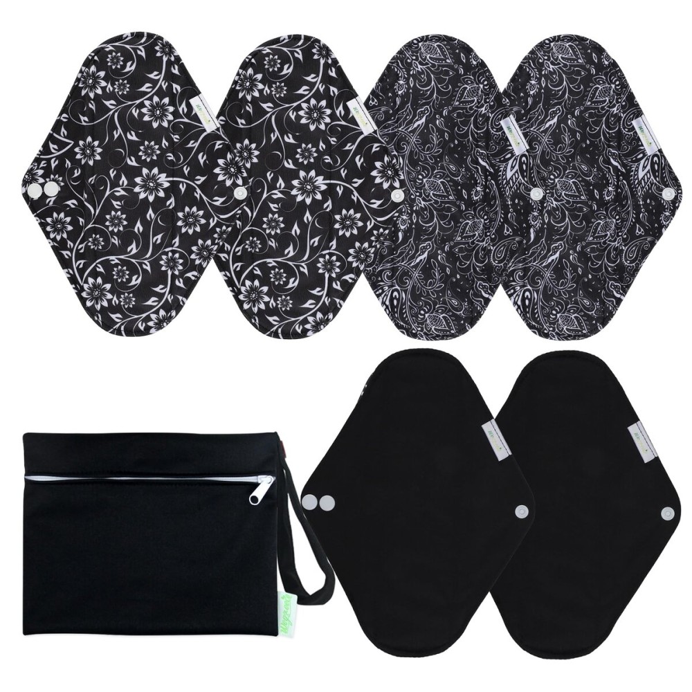 wegreeco Reusable Menstrual Pads - Reusable Sanitary Pads | Reusable Panty Liners | Soft Cloth Menstrual Pads - 6 Pack with 1 Cloth Mini Wet Bag (Medium, Black Flowers)
