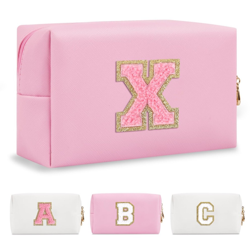 Personalized Initial A-Z Preppy Patch Makeup Bag,Small PU Leather Chenille Letter Cosmetic Bag with Zipper for Teen Girls,Pink Cute Travel Toiletry Bag,Birthday Monogrammed Gift for Daughter,Letter X