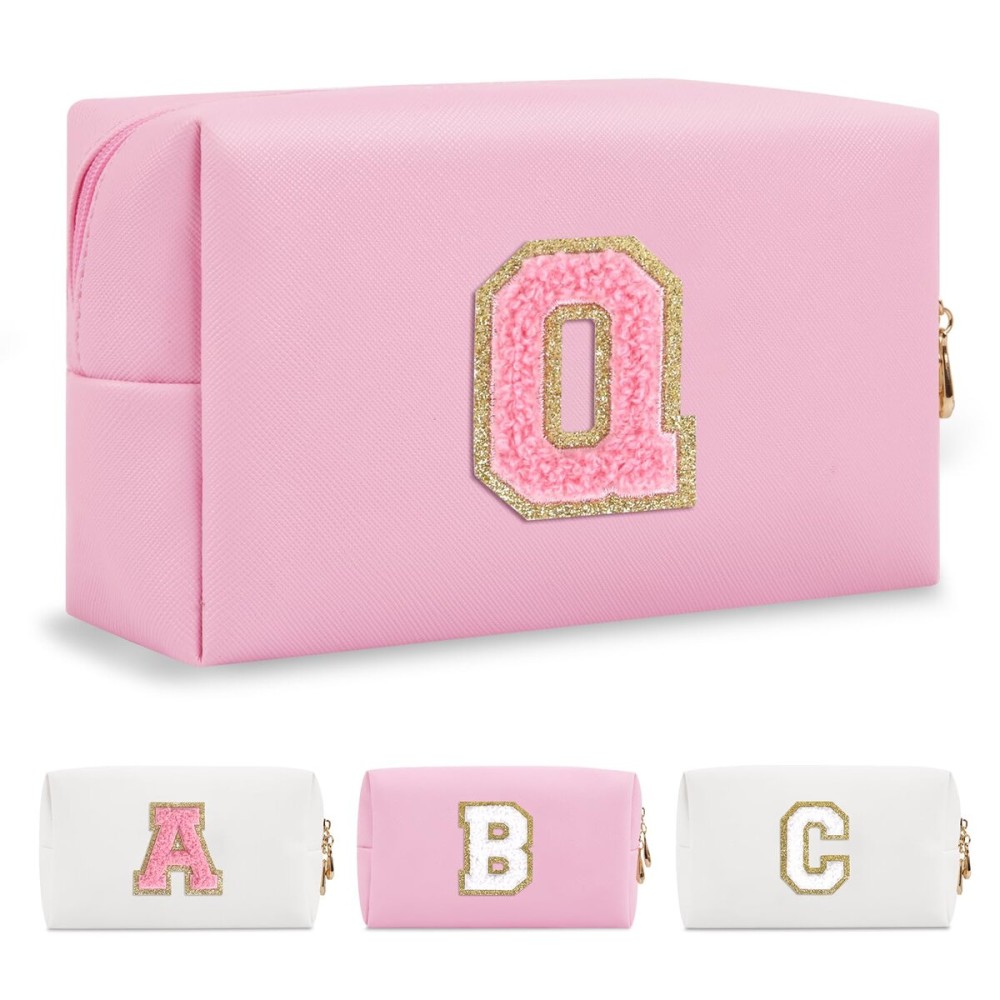 Personalized Initial A-Z Preppy Patch Makeup Bag,Small PU Leather Chenille Letter Cosmetic Bag with Zipper for Teen Girls,Pink Cute Travel Toiletry Bag,Birthday Monogrammed Gift for Daughter,Letter Q