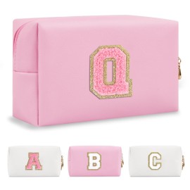 Personalized Initial A-Z Preppy Patch Makeup Bag,Small PU Leather Chenille Letter Cosmetic Bag with Zipper for Teen Girls,Pink Cute Travel Toiletry Bag,Birthday Monogrammed Gift for Daughter,Letter Q