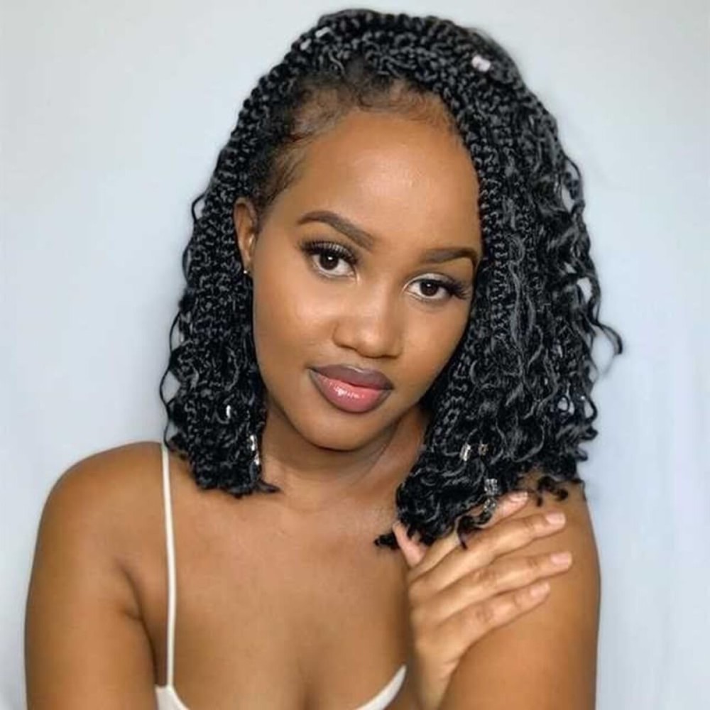 Wodun 10inch Goddess Box Braids Crochet Hair Pre Looped Box-Braids Crochet-Hair with Curly Ends For Black Women Synthetic 3X Bohemian Crochet Box Braiding Hair Extensions(10inch,8packs,4)