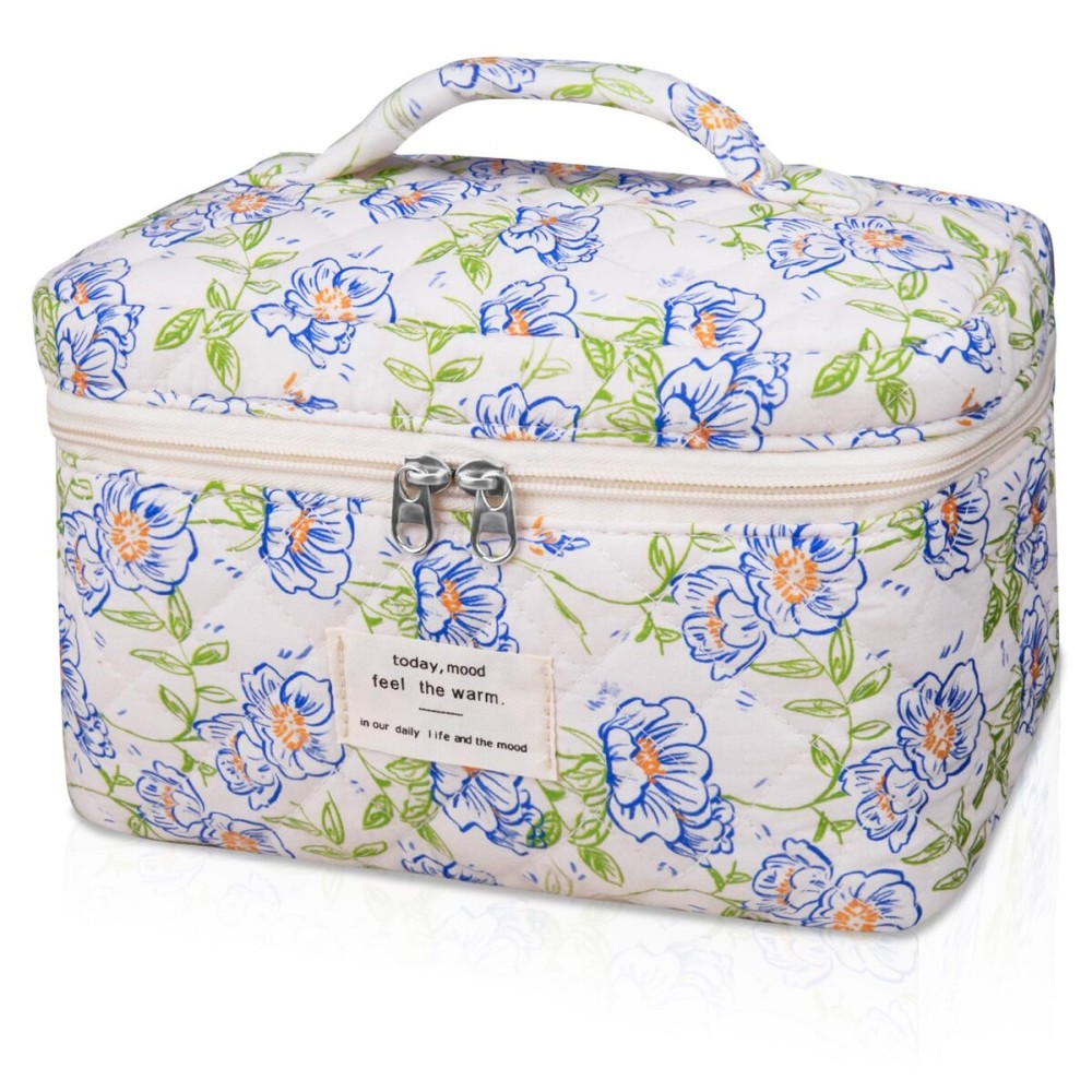 Large Makeup Bag, Cute Cosmetic Bag for Women Girls, Floral Coquette Aesthetic Toiletry Bag, Travel Make Up Organizer Bag (light blue)
