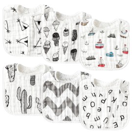 Zainpe 6Pcs Snap Muslin Cotton Baby Bibs Summer Ice Cream Pattern Infants Drool Bib Soft Absorbent Adjustable Burp Cloths Feeding Cloth for Newborns Girls Boys Toddlers Teething Eating 0 to 36 Months