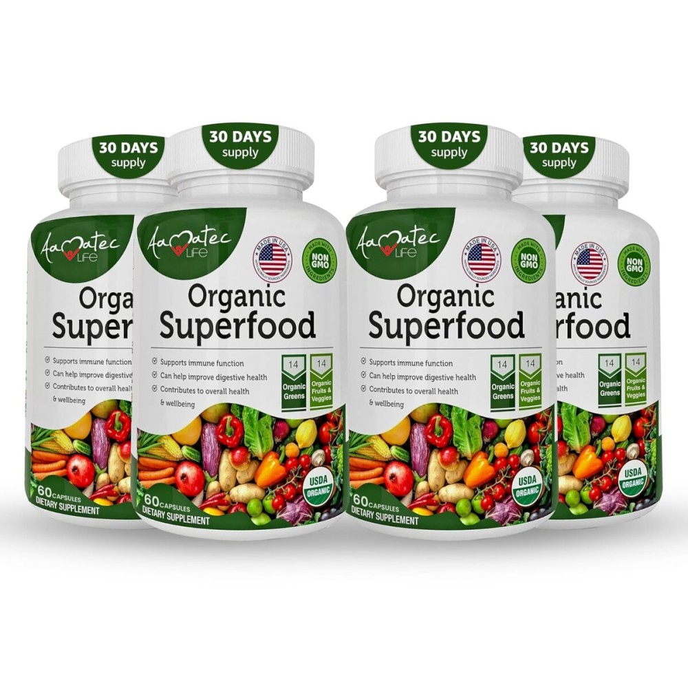 Aamatec Life Organic Superfood Greens Fruits and Veggies Complex - Best Dietary Supplement with 14 Greens and 14 Fruits & Vegetables with Alfalfa & Antioxidant Organic Ingredients Non-GMO 240 Capsules