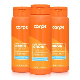 Carpe Sweat Absorbing Talc-Free Body Powder for Women, Anti-Chafing and Safe for Feminine Areas, White Jasmine Scent, 3 Pack