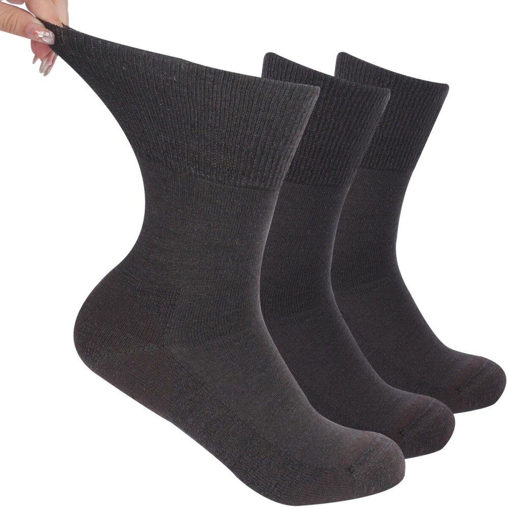 Facool Diabetic Merino Wool Socks - Seam-Free Design, Non-Binding Loose Top Soft Crew Socks, 3 Pairs Brown X-Large