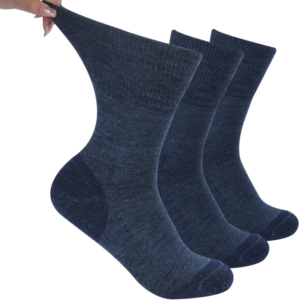 Facool Gentle Compression Wool Socks - Promotes Blood Flow, Reduces Swelling, 3 Pairs Dark Blue Medium