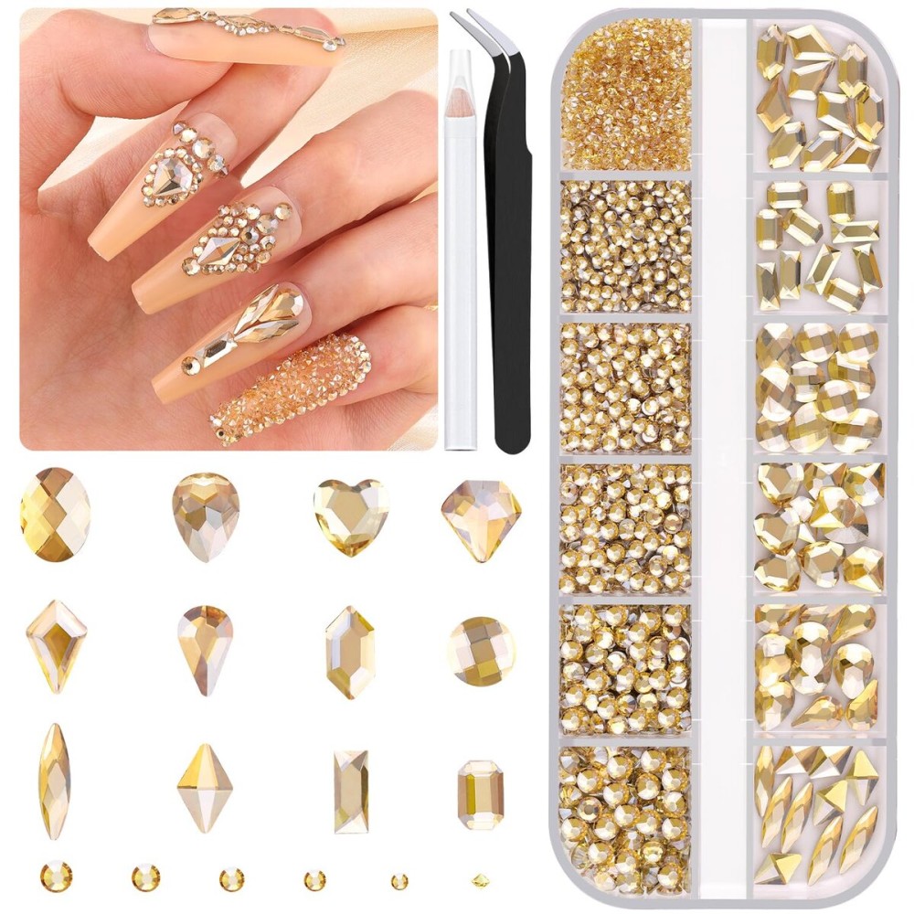 2060Pcs Champagne Gold Glass Nail Rhinestones 60Pcs Multi Shapes Flatback Nail Gems + 2000Pcs 1.5-4mm Round Crystal, Manicure Nail Charms Diamond Gemstone for Acrylic Nails Decoration