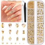 2060Pcs Champagne Gold Glass Nail Rhinestones 60Pcs Multi Shapes Flatback Nail Gems + 2000Pcs 1.5-4mm Round Crystal, Manicure Nail Charms Diamond Gemstone for Acrylic Nails Decoration