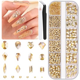 2060Pcs Champagne Gold Glass Nail Rhinestones 60Pcs Multi Shapes Flatback Nail Gems + 2000Pcs 1.5-4mm Round Crystal, Manicure Nail Charms Diamond Gemstone for Acrylic Nails Decoration