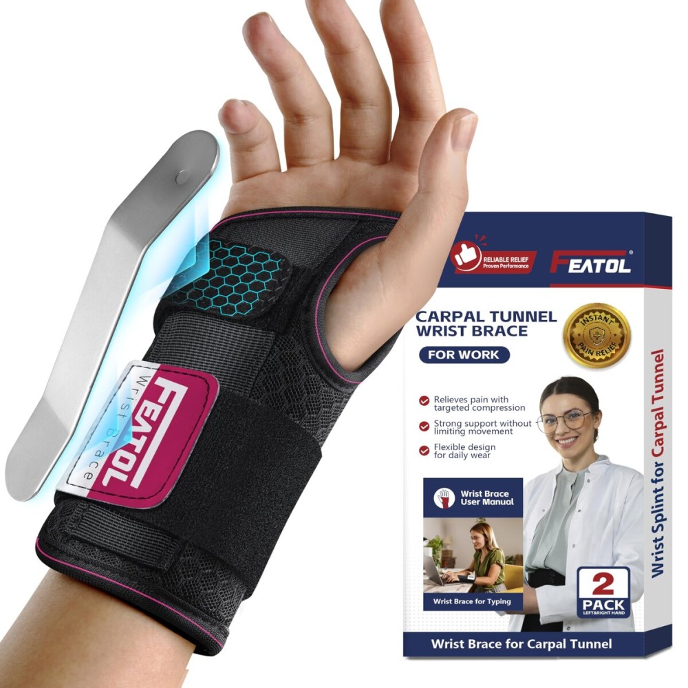 FEATOL 2 Pack Carpal Tunnel Wrist Brace For Work With Wrist Splint, 6.5\'\' Wrist Brace Night Support For Women Men, Pain Relief For Tendonitis, Arthritis, Pregnancy, Typing, Right and Left Hand, Small
