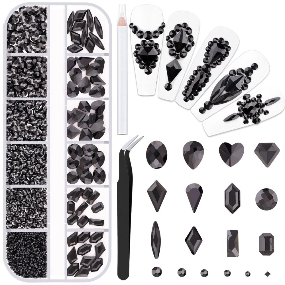 2060Pcs Black Glass Nail Rhinestones 60Pcs Multi Shapes Flatback Nail Gems + 2000Pcs 1.5-4mm Round Crystal, Manicure Nail Charms Diamond Gemstones for Acrylic Nails Decoration