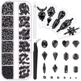 2060Pcs Black Glass Nail Rhinestones 60Pcs Multi Shapes Flatback Nail Gems + 2000Pcs 1.5-4mm Round Crystal, Manicure Nail Charms Diamond Gemstones for Acrylic Nails Decoration