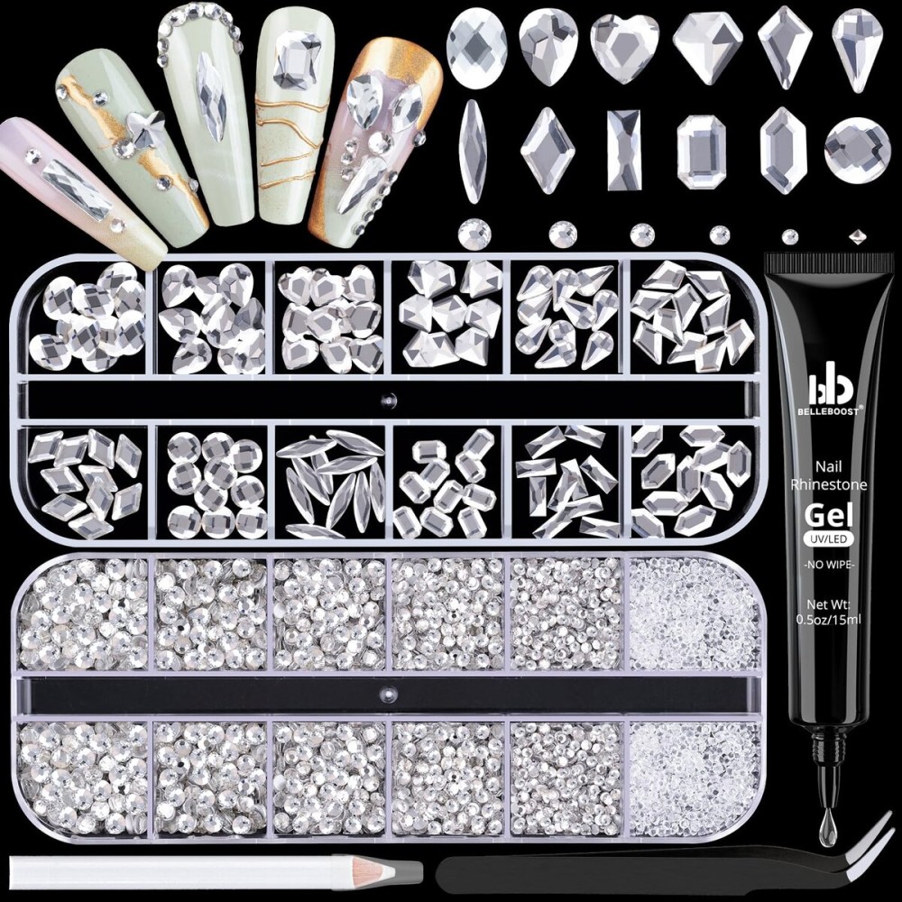 Silver Clear Nail Rhinestones 2680Pcs - Multi Shapes Glass Flatback Gems + 2560Pcs 1.5-4mm Round Crystal with Rhinestones Glue Gel, Manicure Nail Charms Diamond Gemstones