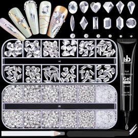 Silver Clear Nail Rhinestones 2680Pcs - Multi Shapes Glass Flatback Gems + 2560Pcs 1.5-4mm Round Crystal with Rhinestones Glue Gel, Manicure Nail Charms Diamond Gemstones