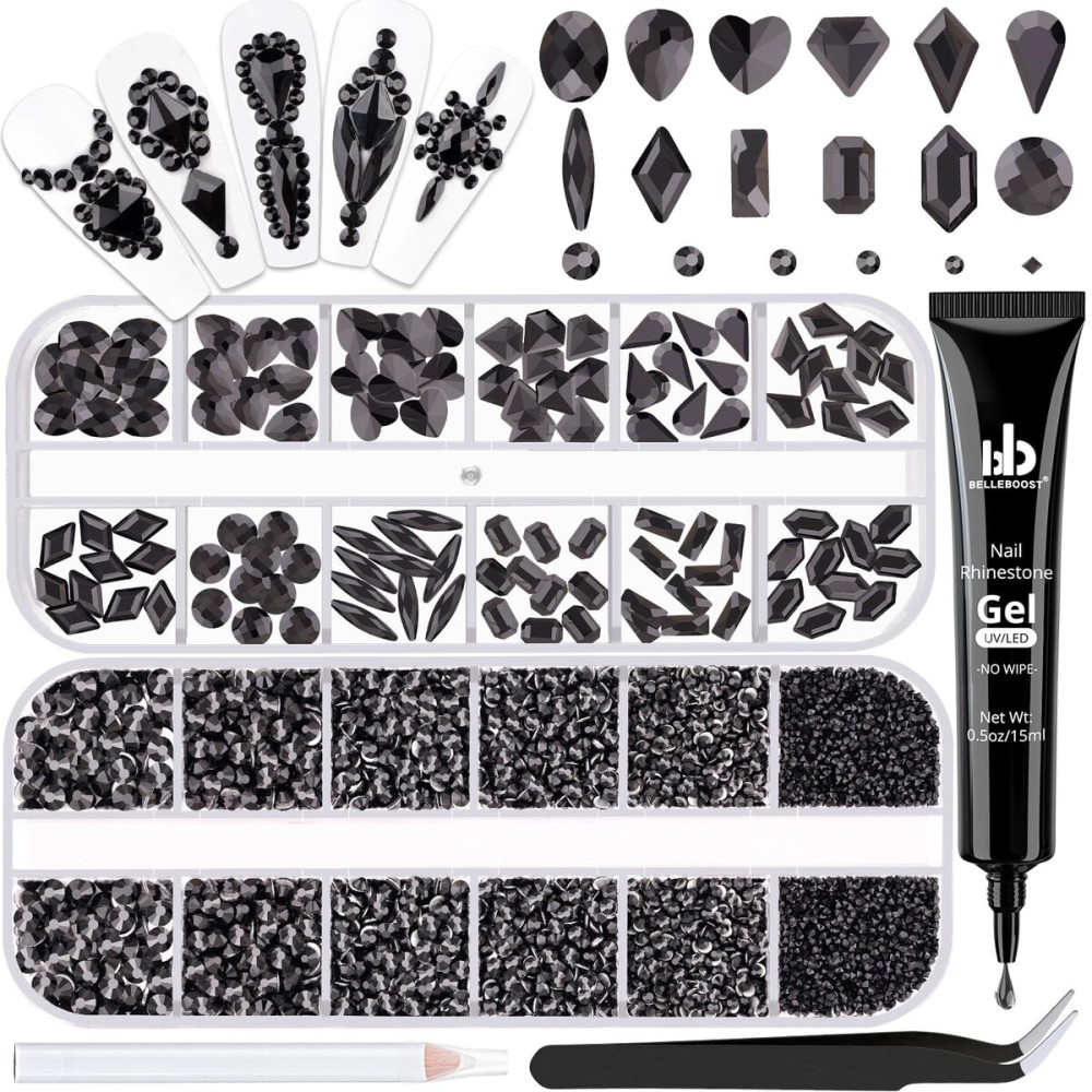 BELLEBOOST 2630Pcs Black Glass Nail Rhinestones: 120Pcs Multi Shapes + 2510Pcs 1.5-4mm Round, Nail Art, Manicure, Craft Beads
