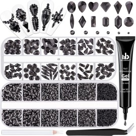 BELLEBOOST 2630Pcs Black Glass Nail Rhinestones: 120Pcs Multi Shapes + 2510Pcs 1.5-4mm Round, Nail Art, Manicure, Craft Beads